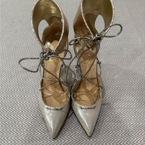 Christian Louboutin Cord Ankle  100mm Gold Lace-Up Heels Size 7.5 - Picture 5 of 15